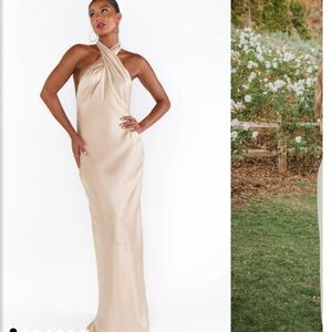 New show me your mumu champagne jasmine halter maxi twist neck dress gown